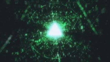 Fütürist matrisi olan 3D Büyük Veri Dijital Tünel Üçgeni. İkili kodlu parçacıkların ağı. Teknolojik ve bağlantılı hareket geçmişi. Kusursuz 3B döngü oluşturucu