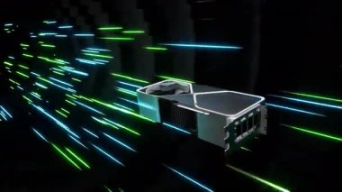 Fütürist bir GPU grafik kartının yeşil ve mavi enerji izlerinden oluşan sanal bir tünelde ivmelenen 3D görüntüsü. Büyük veri transferi, yapay zeka hesaplaması ve süper bilgisayar kavramı. Bu bir 4K 3D.