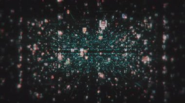 Sosyal ağdaki yapay zeka görüntüleri, siyah siber uzay arka planında mavi ağ bağlantıları boyunca hareket eden insan portreleri gibi. İş, iletişim veya sosyal medya hareketi