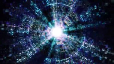 Soyut 3D canlandırma mavi dijital veri tünelinde parlayan parçacıklar ve geometrik şebeke yapısıyla uçuyor. Ağ, büyük veri, hesaplama, bağlantı veya ışık için görselleştirme kavramı