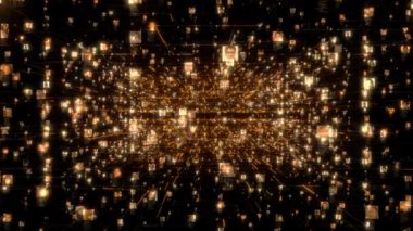 Yapay zeka konsepti, sosyal ağdaki turuncu ağ örgüsüyle bağlantılı parlayan insanların portrelerinin arama akışında hareket ediyor. İletişim, teknoloji veya sosyal