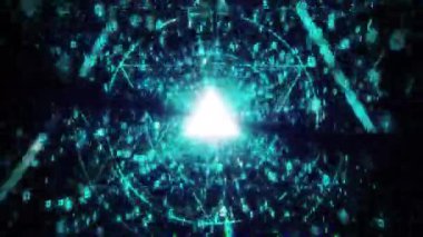 Yüzen ikili rakamlar ve parlayan geometrik üçgenlerle dolu derin bir indigo dijital koridorda uçun. Bu kusursuz döngü arka planı gizemli, yüksek teknolojili bir atmosfer yaratıyor.