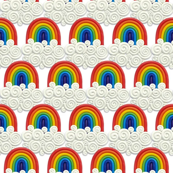 Rainbow Plasticine Cloud Iseamless Pattern White Background — Stock Photo, Image