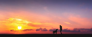 Girl enjoying the sunset with her beloved pet clipart