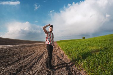 Erkek bir tarımcı tarım alanındaki buğday ekinlerini inceliyor. Buğday tarlasında bir çiftçi gün batımında bir deftere notlar alır. Tahıl hasat verimi değerlendirmesi