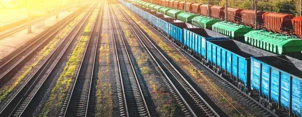 Railway station of freight trains from a height at sunset