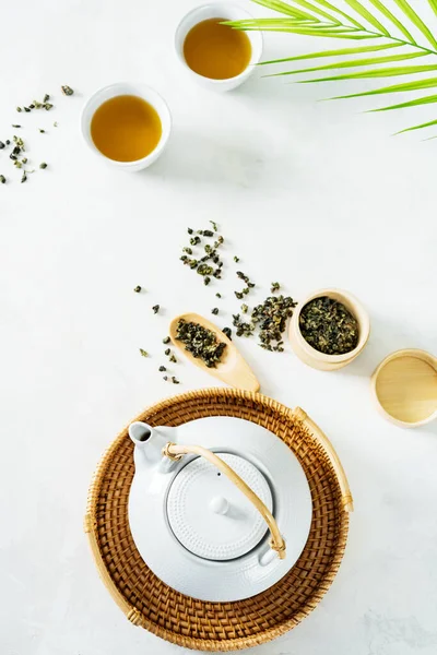 Asian Tea Concept Two White Cups Tea Teapot Surrounded Green — Stock Photo, Image