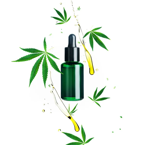 cannabis  medical products mockup with flying leaves, oil and seeds isolated on white  background. Creative concept CBD product layout.