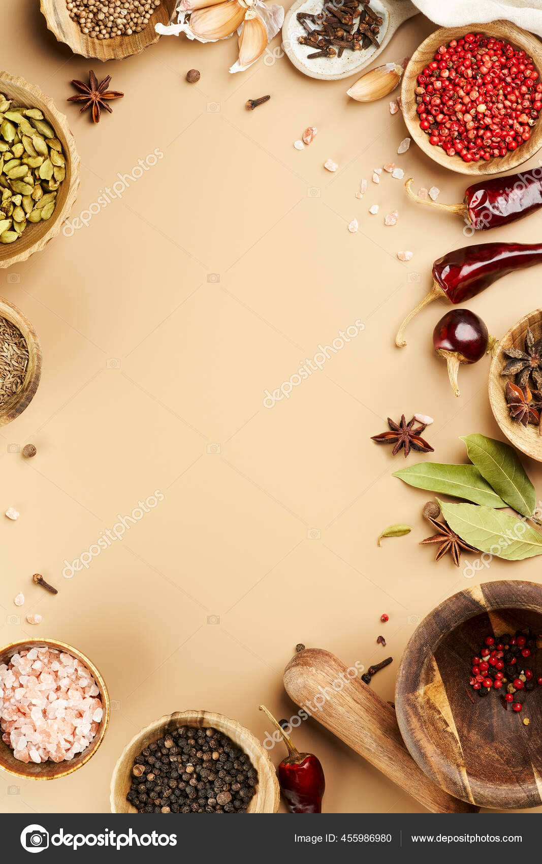Download Creative Food Mockup Various Types Wooden Bowls Spices Dry Bay Stock Photo Image By C Pinkasevich 455986980