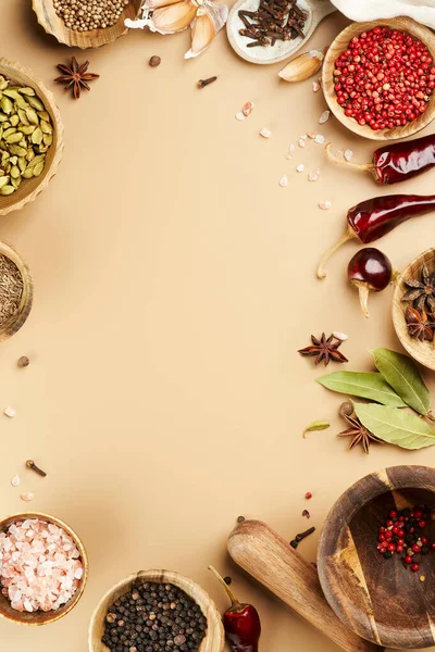 Creative Food Mockup Various Types Wooden Bowls Spices Dry Bay Stock Image