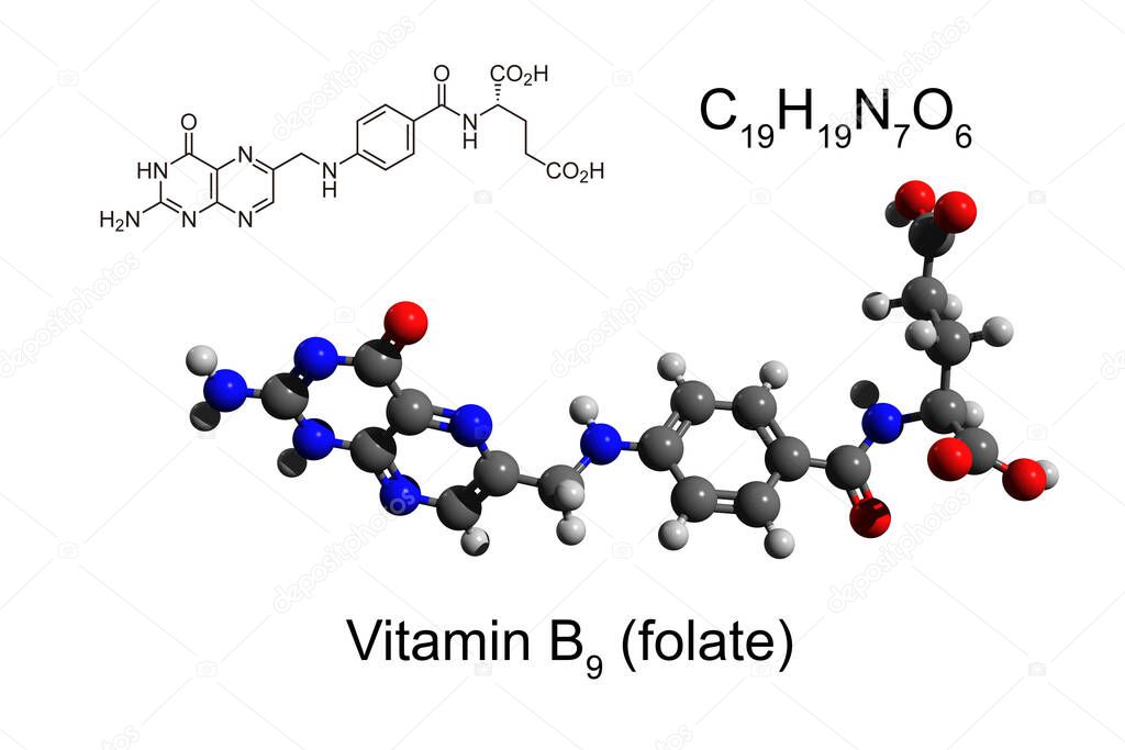 Chemical formula, structural formula and 3D ball-and-stick model of vitamin B9 (folate), white background