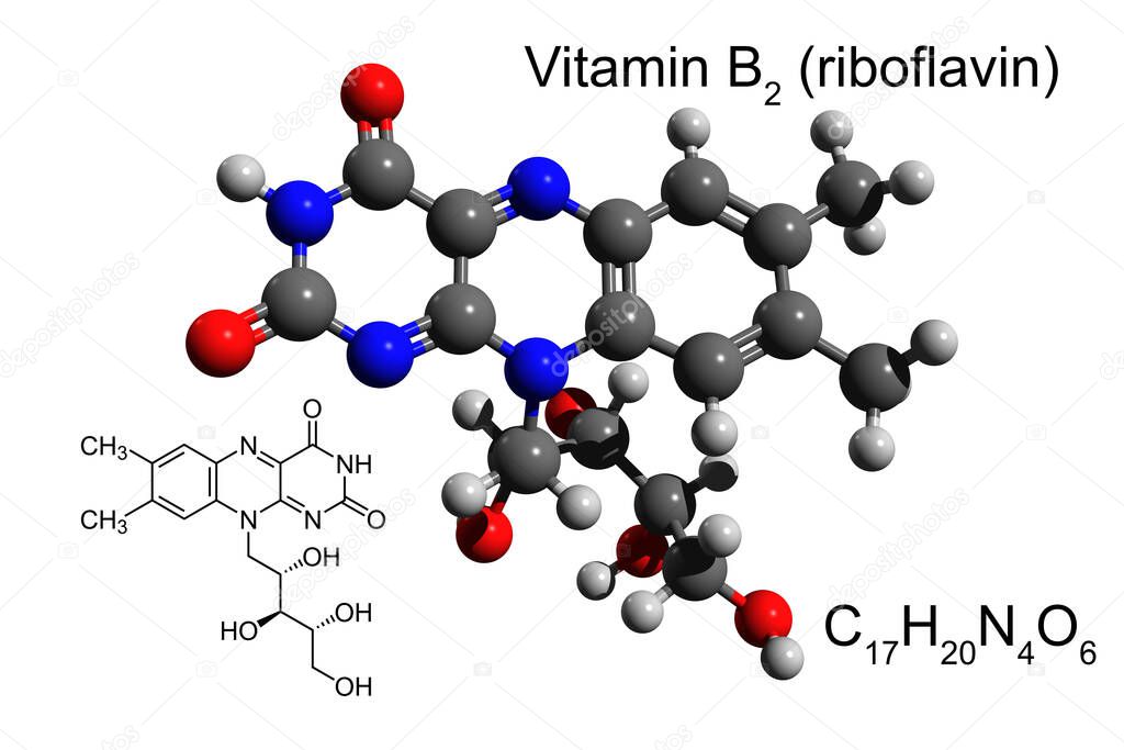 Chemical formula, structural formula and 3D ball-and-stick model of vitamin B2 (riboflavin), white background