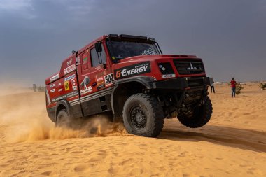 Horimlaa, Saudi Arabia - January 7, 2021: MAZ racing truck of Team MAZ Sportauto running Stage 5 of the 2021 Dakar Rally