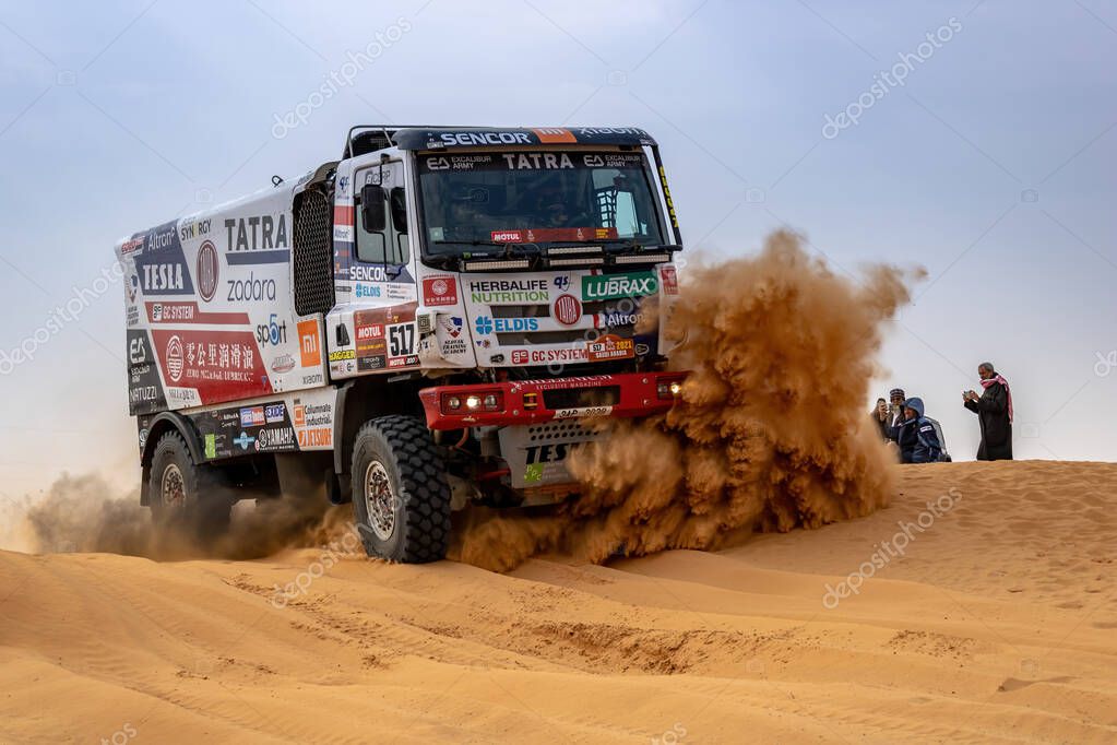 Horimlaa, Saudi Arabia - January 7, 2021: Tatra racing truck of Team Tatra Buggyra Racing running Stage 5 of the 2021 Dakar Rally