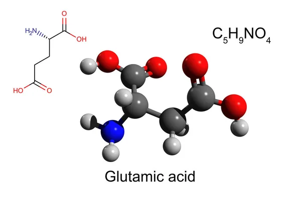 グルタミン酸の化学式 構造式及び3Dボール スティックモデル 白色の背景 — ストック写真