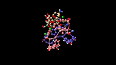 Antibiyotik vankomisin yapısı, 3 boyutlu top ve sopa animasyonu ve PDB 1aaa5 tabanlı Gauss yüzey modelleri, siyah arkaplan