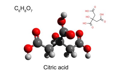 Kimyasal formül, iskelet formülü ve sitrik asidin 3 boyutlu top ve sopa modeli, beyaz zemin