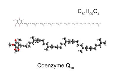Kimyasal formül, iskelet formülü ve koenzim Q10 'un 3 boyutlu top ve sopa modeli (ubiquinone), beyaz arkaplan