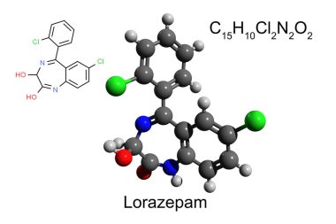 Kimyasal formül, iskelet formülü ve benzodiazepin ilaçlarının 3 boyutlu top ve sopa modeli lorazepam, beyaz arka plan.