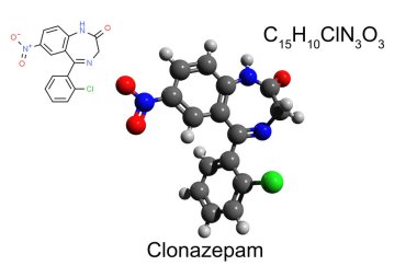 Kimyasal formül, iskelet formülü, ve benzodiazepin ilaçlarının 3 boyutlu top ve sopa modeli, klonazepam, beyaz arka plan
