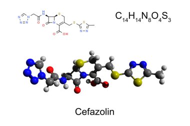 Kimyasal formül, yapısal formül ve antibiyotik sefazolinin 3 boyutlu top ve sopa modeli, beyaz arka plan.
