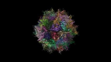 Adeno-ilişkili virüs 7 'nin yapısı (AAV7) kapsülü, canlandırılmış 3D karikatür ve yüzey modelleri, PDB 7l5q tabanlı zincir kimlik renklendirme şeması, siyah arkaplan 