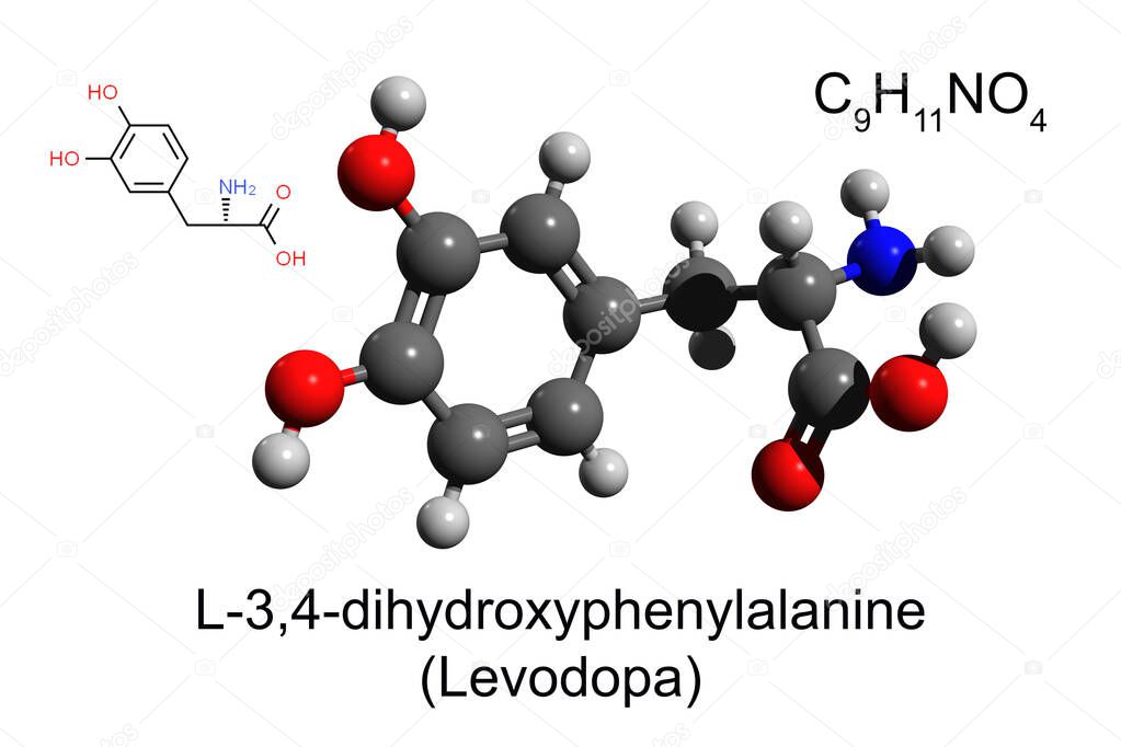 Chemical formula, skeletal formula and 3D ball-and-stick model of l-DOPA, also known as levodopa and l-3,4-dihydroxyphenylalanine, white background