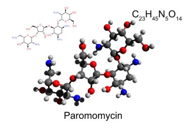 Kimyasal formül, yapısal formül ve aminoglycoside antibiyotik paromomisin, beyaz arkaplan