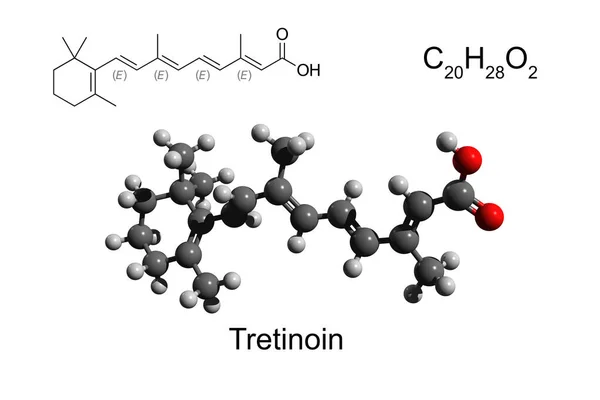 Kimyasal formül, yapısal formül ve retinoid tretinoinin üç boyutlu top ve sopa modeli, beyaz zemin