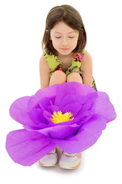 Girl with a big Lotus flower — Stock Photo, Image