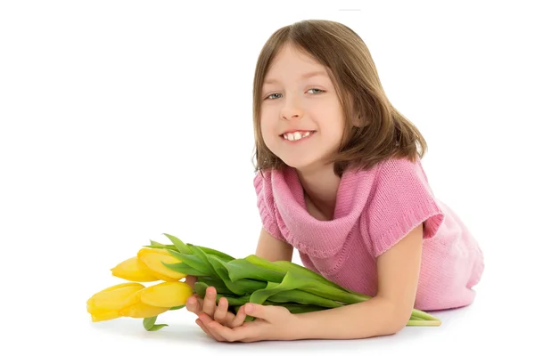 Mädchen mit Tulpenstrauß — Stockfoto