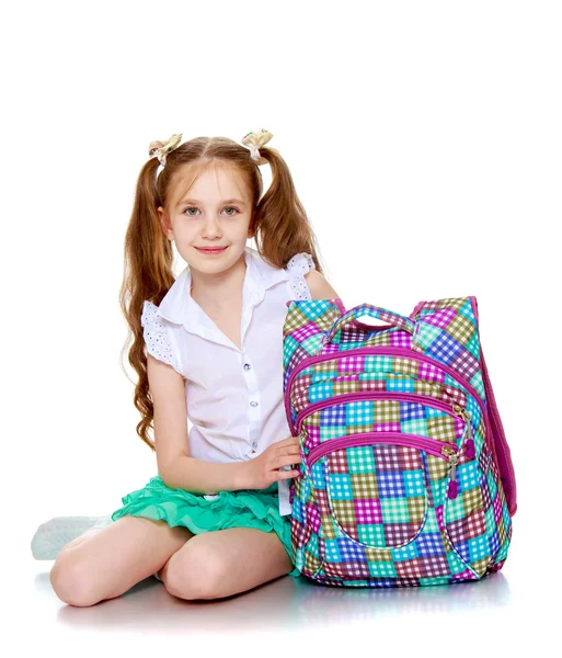 Girl schoolgirl with briefcase — Stock Photo, Image