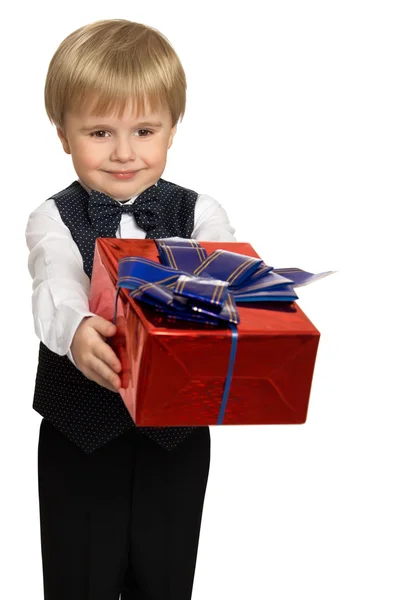 The boy enjoys the gift — Stock Photo, Image