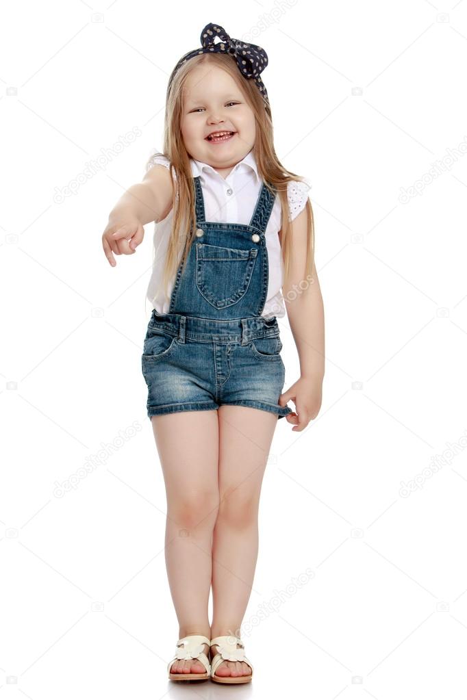 little girl in denim shorts