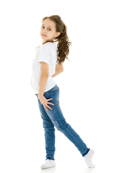 Pretty Stylish Girl with Ponytail Standing with Hands on Her Waist. — Stock Photo, Image