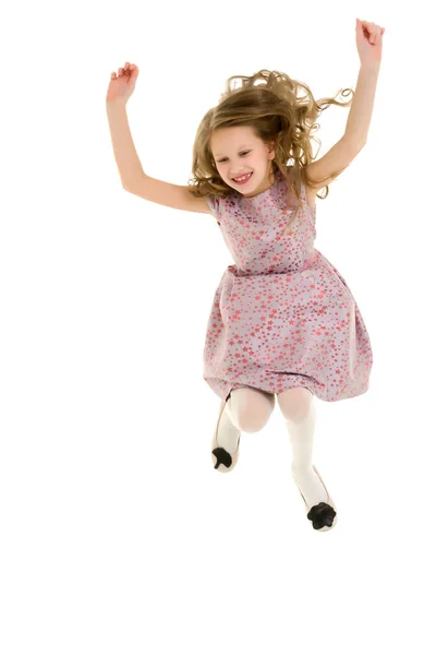 Beautiful Blonde Girl Happily Jumping with Raising Hands — Stock Photo, Image