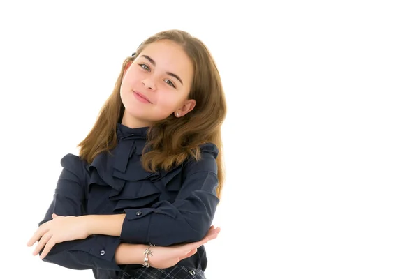 Menina estudante levanta a mão. — Fotografia de Stock