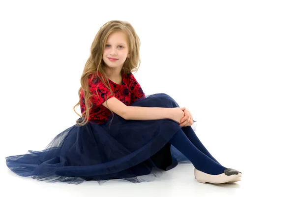 Blonde Girl in Stylish Tulle Dress Sitting on Floor Hugging her Knees — Stock Photo, Image