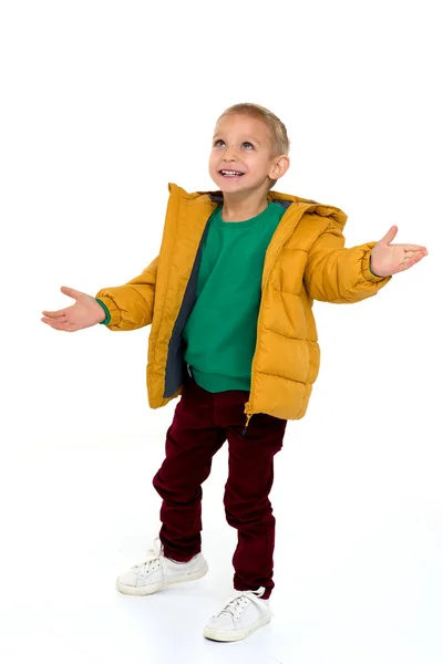 Милый мальчик в зимней куртке веселится — стоковое фото