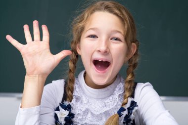 Öğrenci kız sınıfta öğreniyor. Okula geri dönmek, eğitim konsepti..