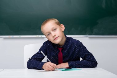 Öğrenci, masada oturan bir not defterine yazıyor.