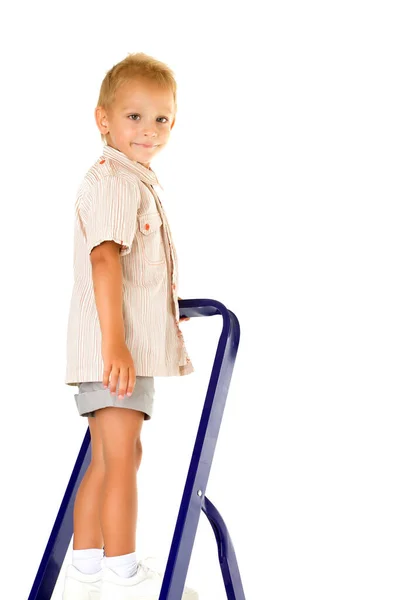 Cheerful little boy climbed a stepladder on the stairs. — Stock Photo, Image