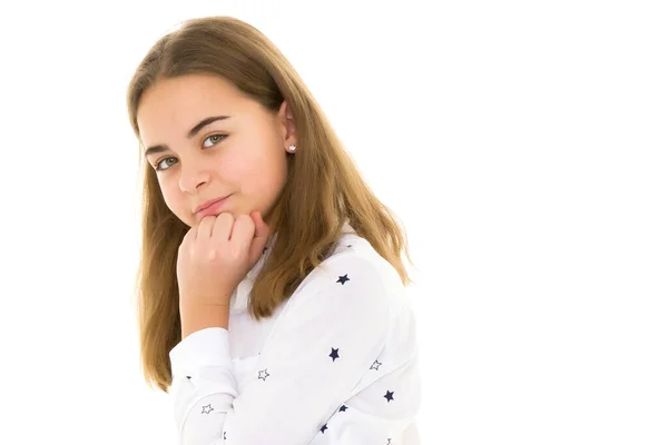 Retrato de uma menina close-up.Isolado no fundo branco. — Fotografia de Stock