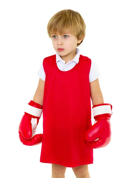 Portrait of little boy in red boxing gloves — Stock Photo, Image