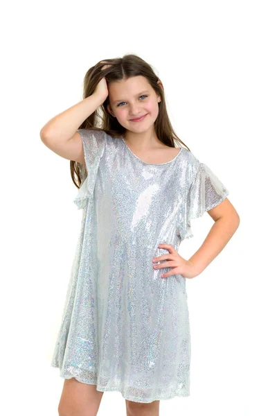 Glücklich teen mädchen im glänzenden kleid — Stockfoto