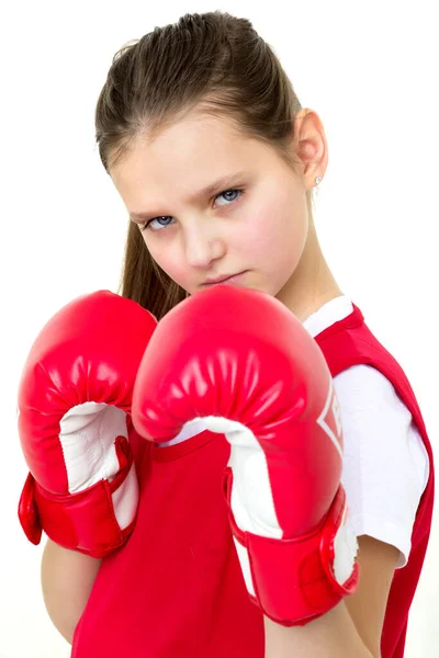 Jaki sport lubisz najbardziej? boxer teenage girl, in the studio for white background. — Zdjęcie stockowe