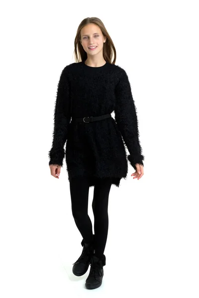 Happy teenage girl in fashionable black outfit — Stock Photo, Image