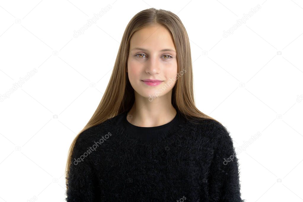 Closeup portrait of charming teenage girl. Isolated over white background.