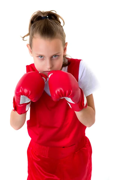 Sport bokser tiener meisje, geïsoleerd op witte achtergrond — Stockfoto