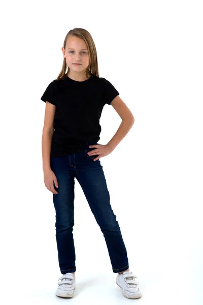 Pretty blonde girl in black t-shirt — Stock Photo, Image